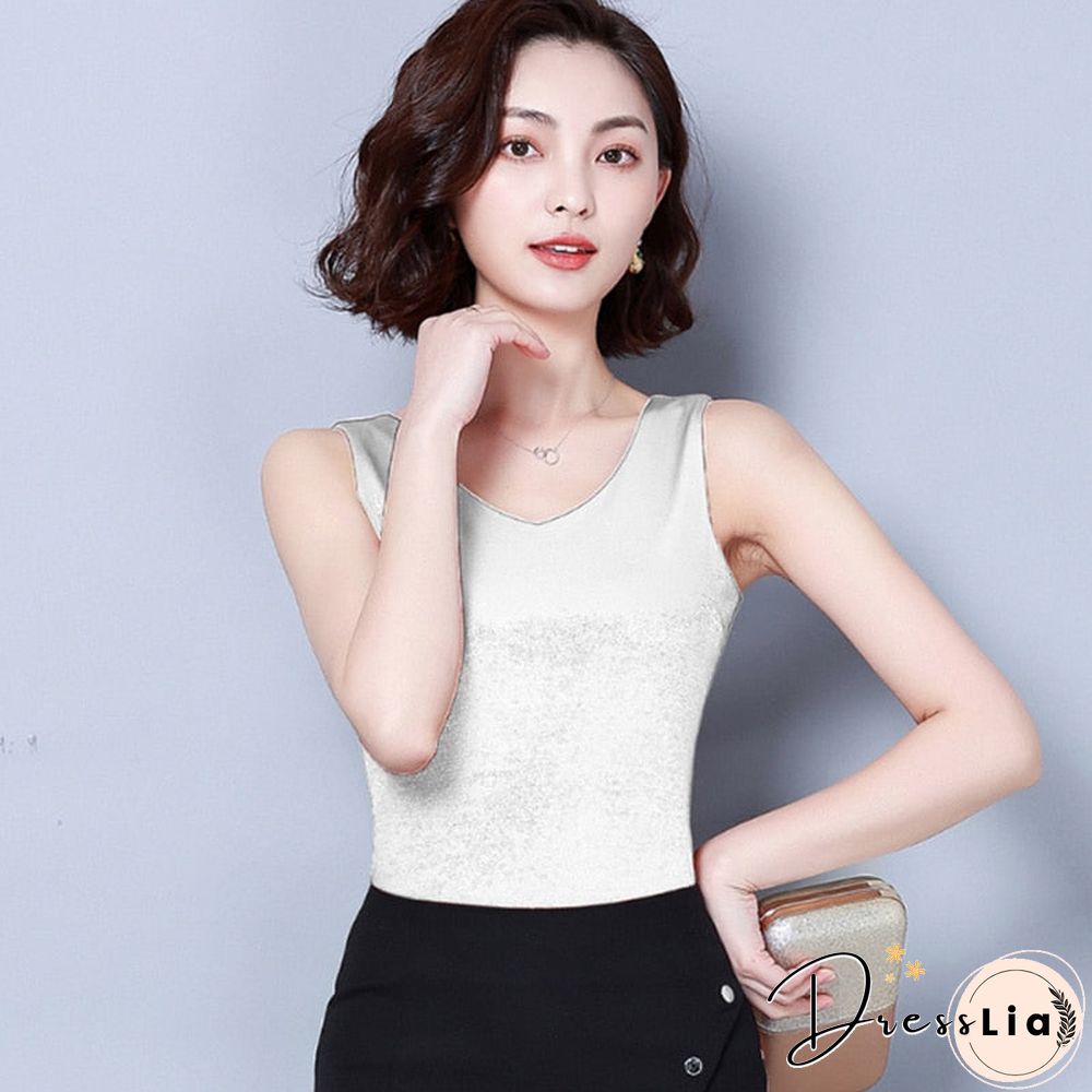 Christmas Gift Top women Summer V Neck Chiffon Vest Sleeveless Casual Blusas Tank Tops Silk Patchwork T Shirt Bottom Camisole New White