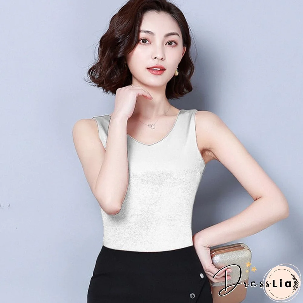 Christmas Gift Top women Summer V Neck Chiffon Vest Sleeveless Casual Blusas Tank Tops Silk Patchwork T Shirt Bottom Camisole New White