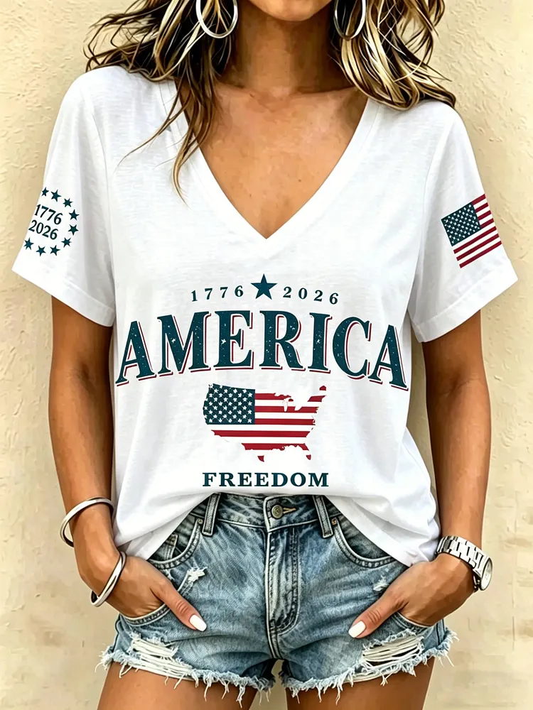 Women's Retro 1776-2026 America Freedom Printed V-Neck Top 