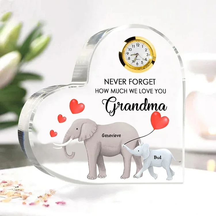 2 Names-Personalized Grandma Name Acrylic Clock Gifts-Custom Acrylic Elephant Heart Keepsake Desktop Ornament for Nan