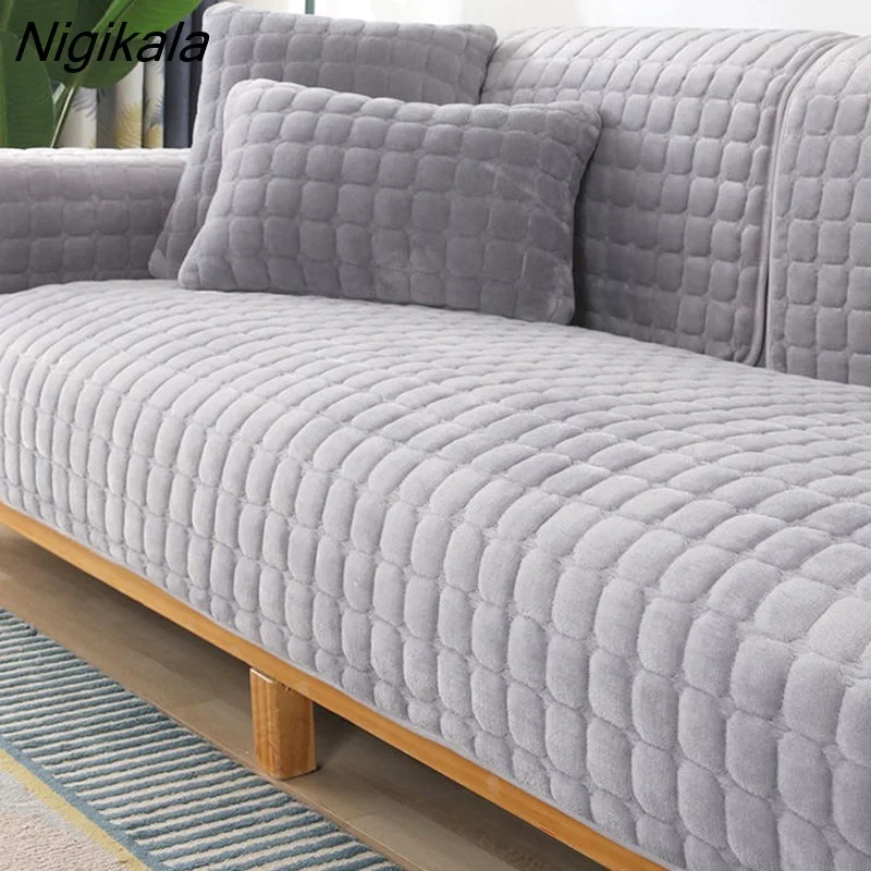 Nigikala Sofa Cover Cushion Plush Non-slip Thickened SlipCover Cushion Cover Universal Solid Color Dust-proof Sofa Seat Cover