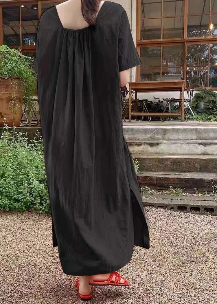 French Black V Neck Patchwork Wrinkled Cozy Long Dress Short Sleeve