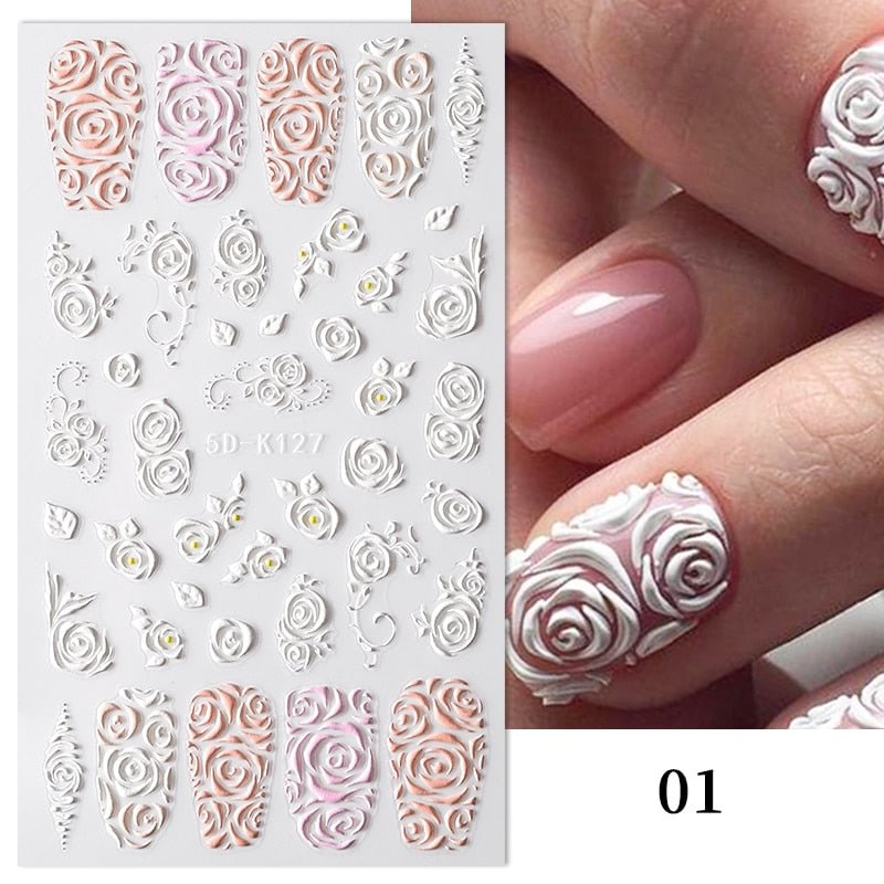 1PC 5D Nail Sticker White Pink Rose Embossed Flower Pattern Self-Adhesive Slider  Nail Decals DIY Nail Art Decoration