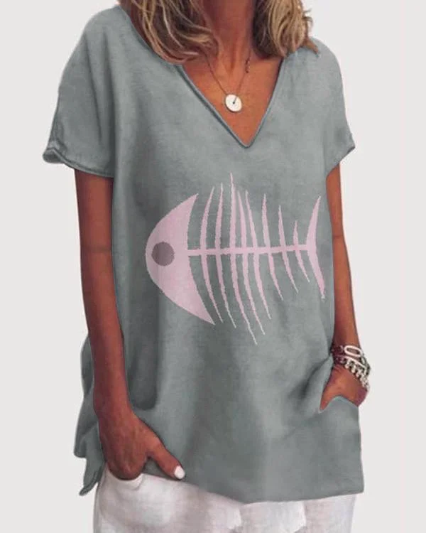 Women Fish Printed  Holiday V Neck Short Sleeve Casual Blouse