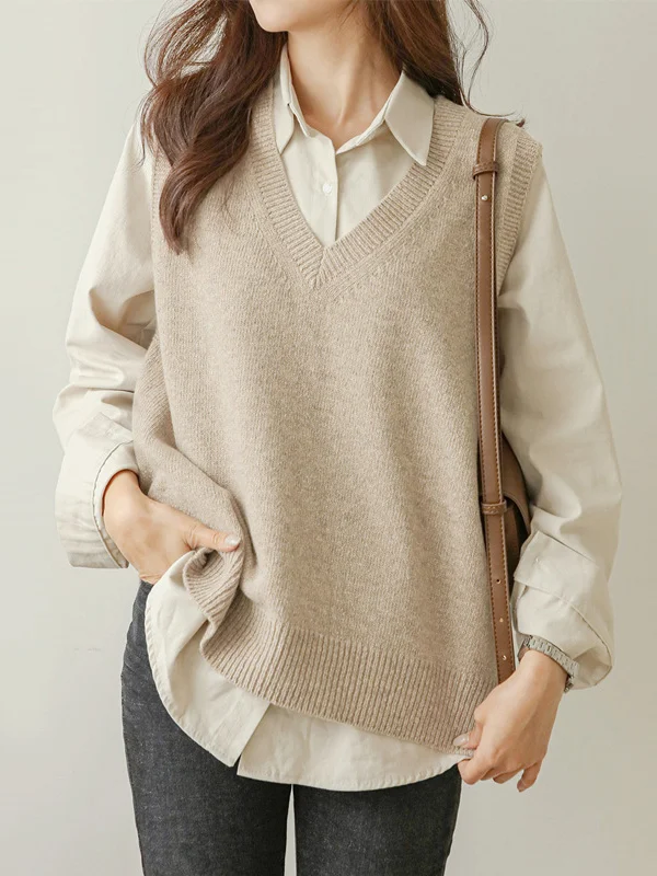 Casual Loose Sleeveless Solid Color V-Neck Sweater Vest Outerwear