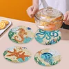 4PCS Wooden Diamond Painted Placemat Round Placemat with Holder(Marine Life)