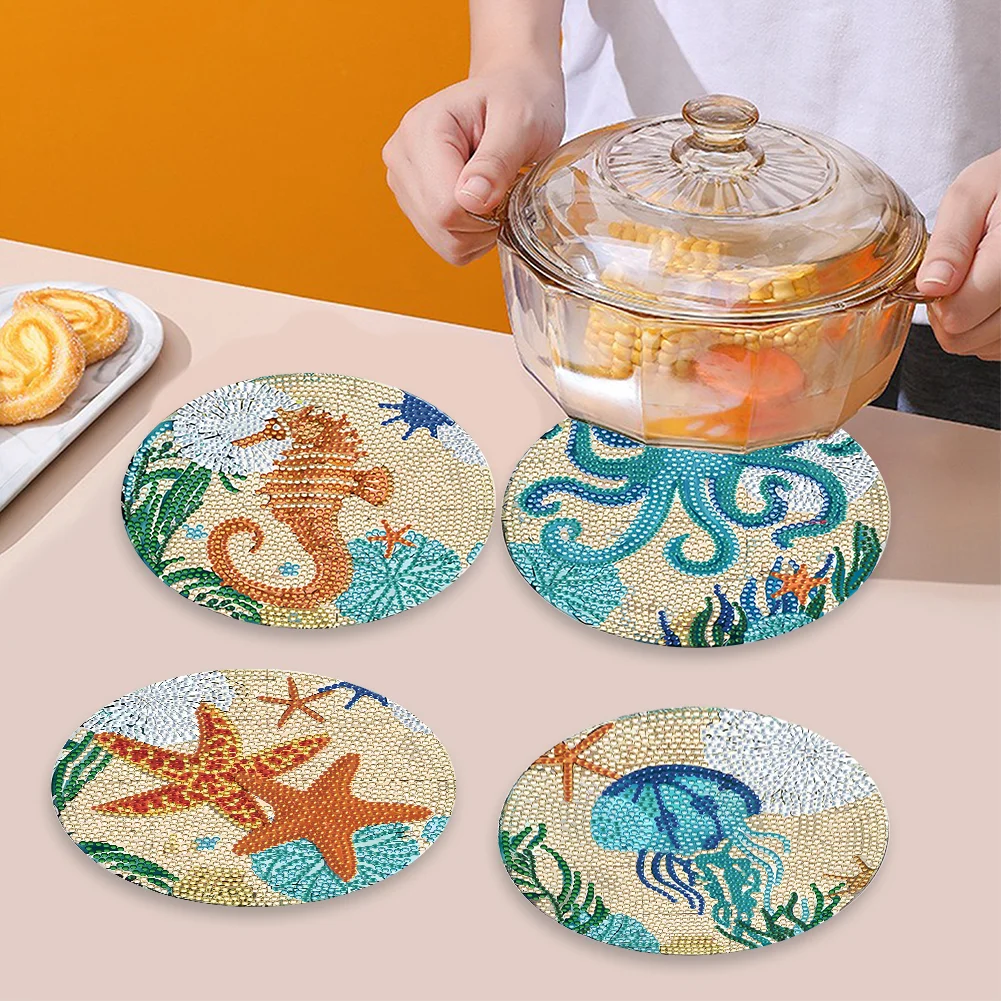 4pcs DIY Marine Life Wooden Diamond Painted Placemats for Dining Table Decor(15*15cm)