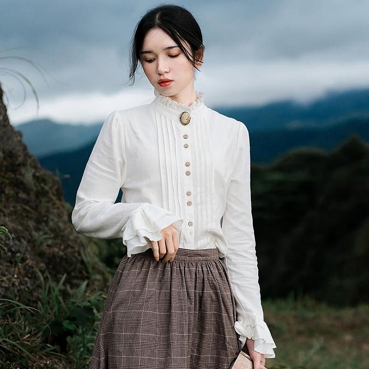 Fairy Tales Aesthetic Stand Collar Shirt With Ruffled Cuffs QueenFunky