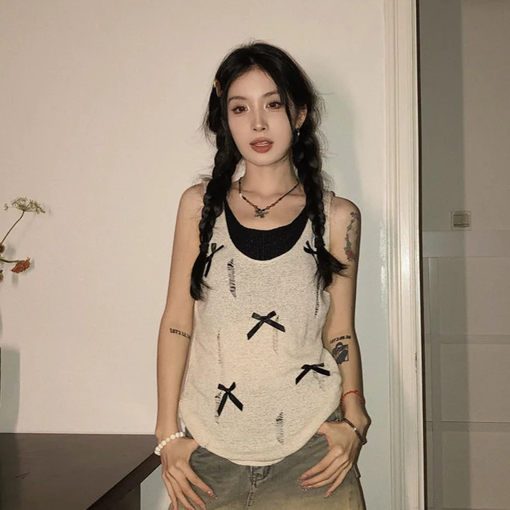 Uveng Uveng Girl Bows With Two Slings Vest Summer Dress Design Hole-Dcupy Knitting Top