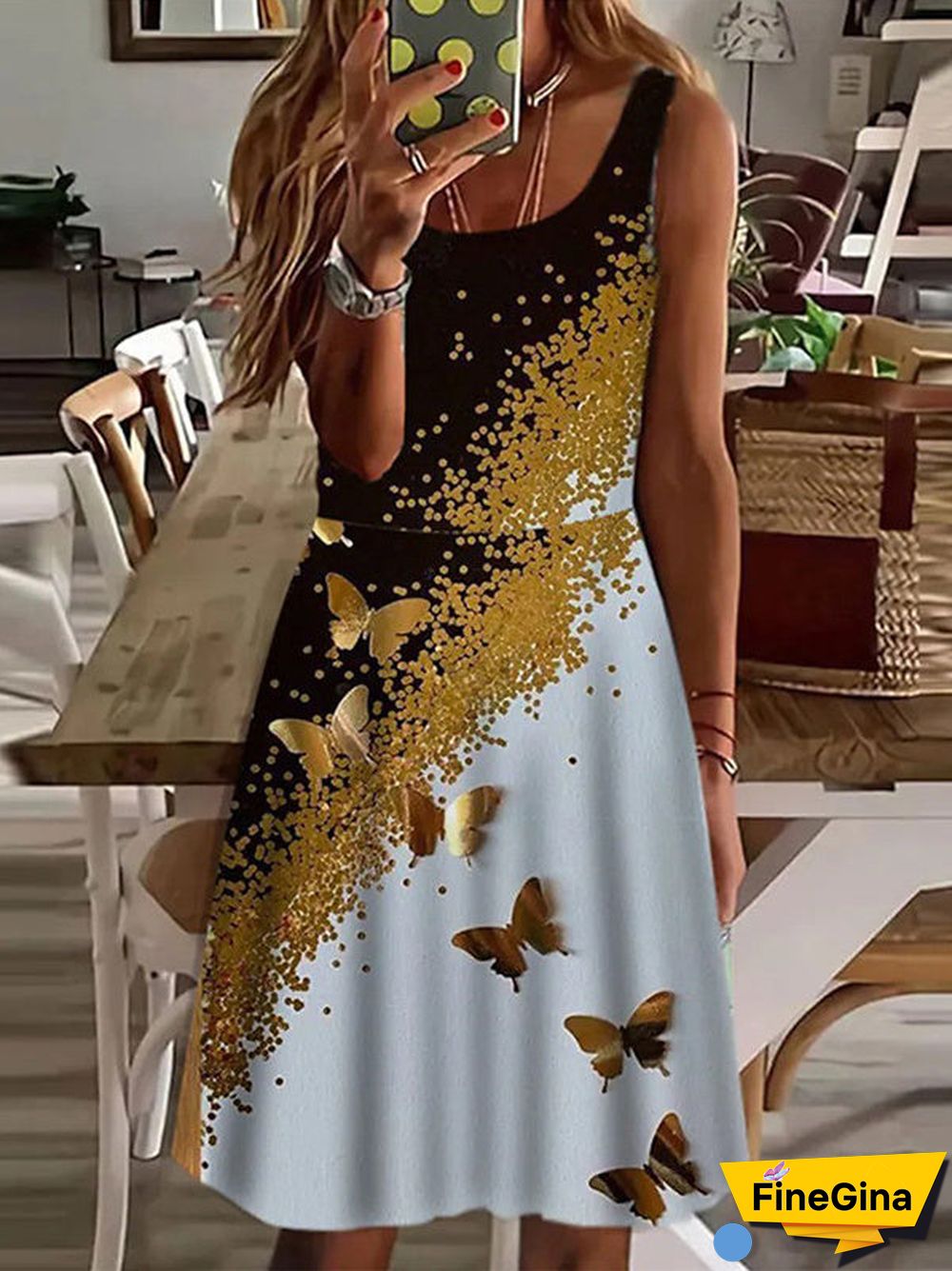 Women's Sleeveless Scoop Collar Floral Printed Midi Dress