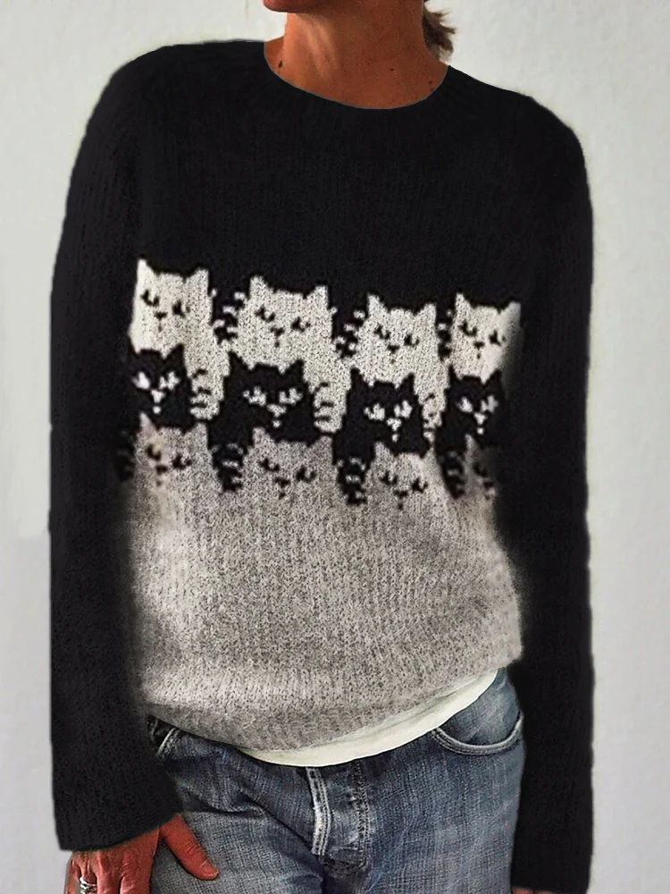 Cats Colorblock Knit Art Cozy Sweater