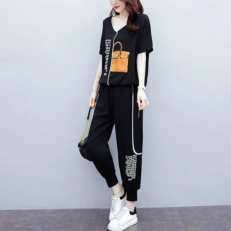 Women's Casual Suit Fashion V-Neck Crop Top Summer New Pencil Pants And Short Sleeve T Shirt Two Piece Set Tracksuit Women