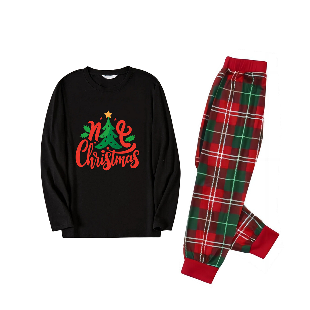Christmas Tree with Stars and Colorful Pattern Black Top with Red & Green Plaid Pants Family Matching Pajama