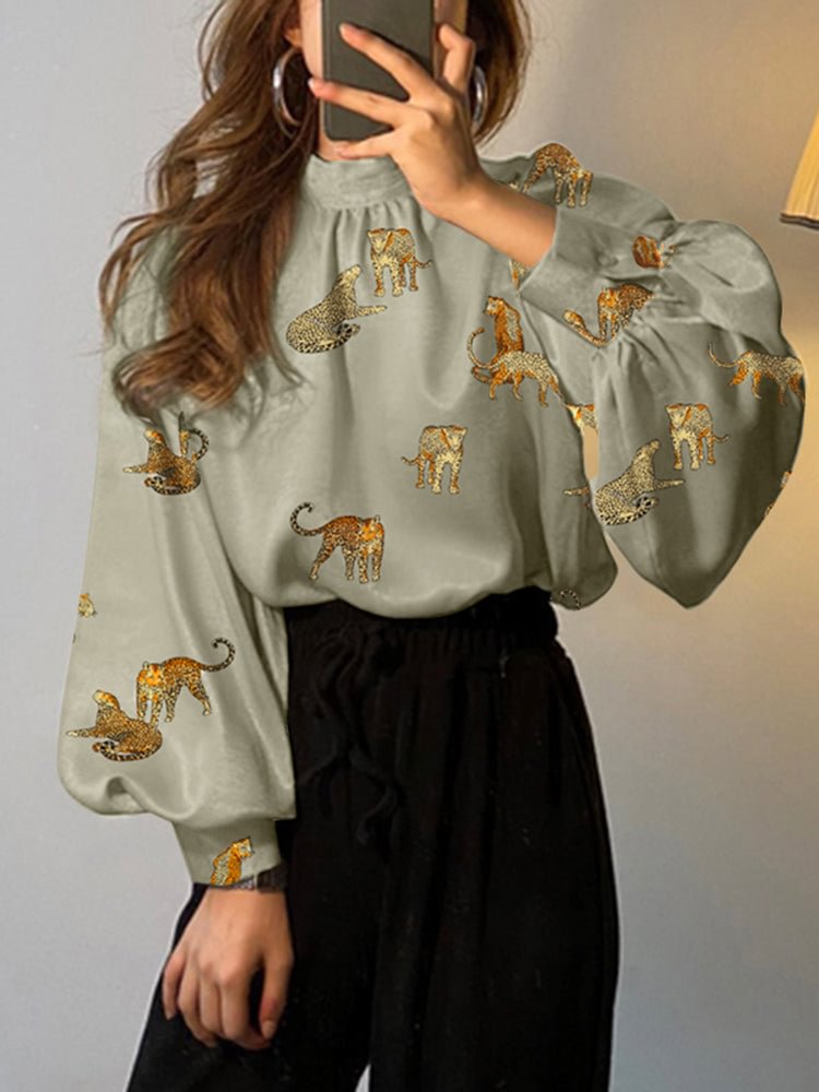 Animal Print Lantern Sleeve Stand Collar Blouse SKUJ13758 QueenFunky