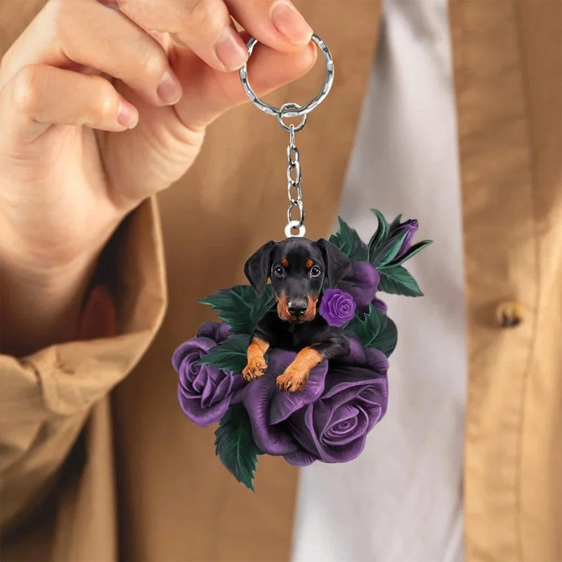 VigorDaily Doberman In Purple Rose Acrylic Keychain PR074