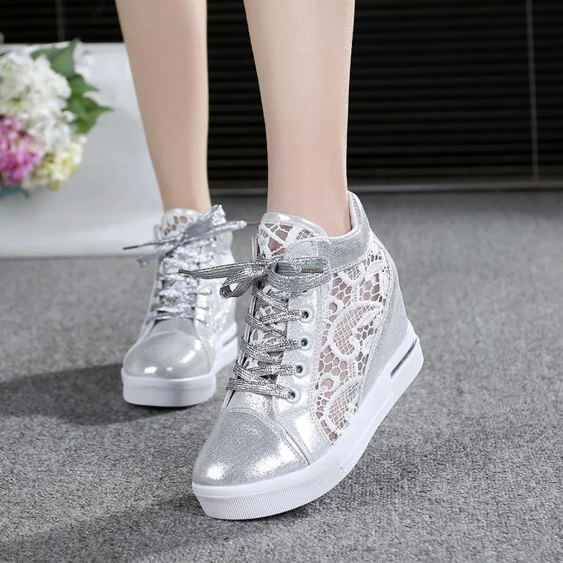 Summer Women Lace Casual Shoes Woman Breathable Mesh Sneakers Flats Lace Loafers High Heels Platform Wedges Ladies Creepers
