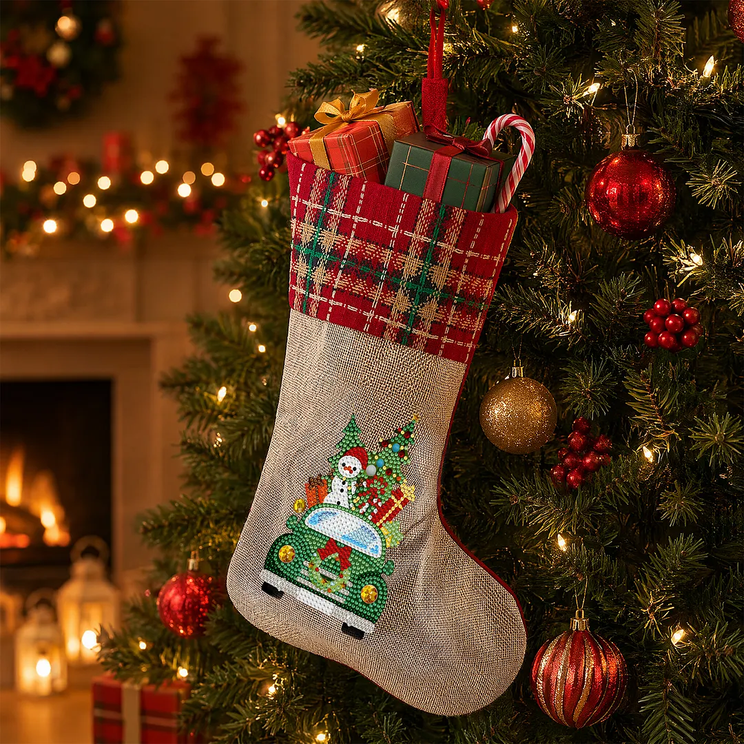 DIY Diamond Painting Christmas Stockings Hanging Ornaments Large Capacity Xmas Socks Pendant Wear Resist Candy Gift Storage Bags for Family Christmas Holiday Party Decoration (Christmas tree car)