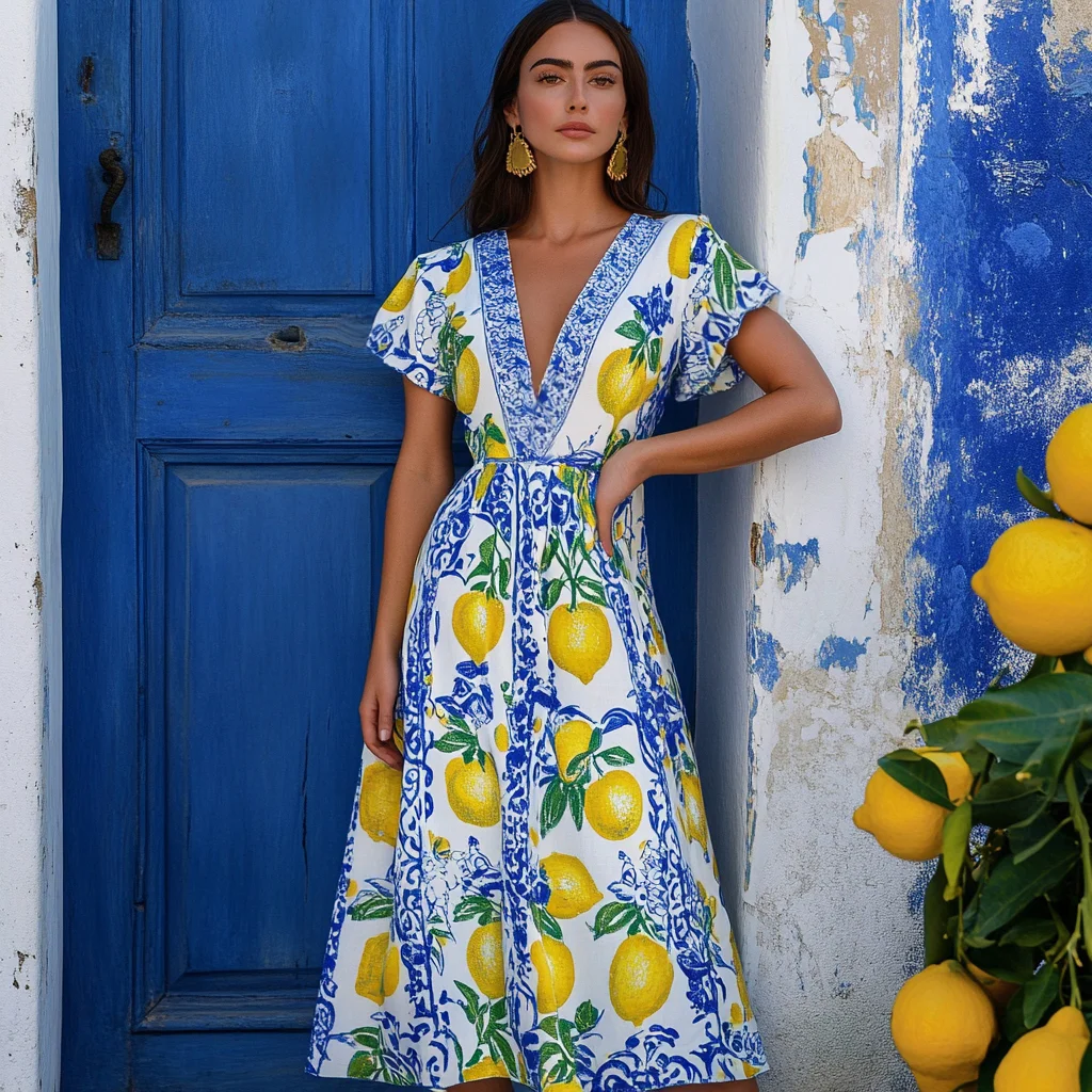 Abito a maniche corte con motivo a limoni di Amalfi, mediterraneo, italiano