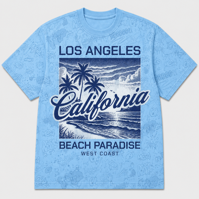 Surf California Paradise Cotton T-Shirt - Sky Blue / Navy