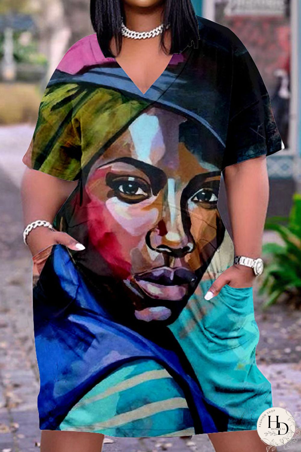 Multicolor Casual Street Print Patchwork V Neck Straight Dresses