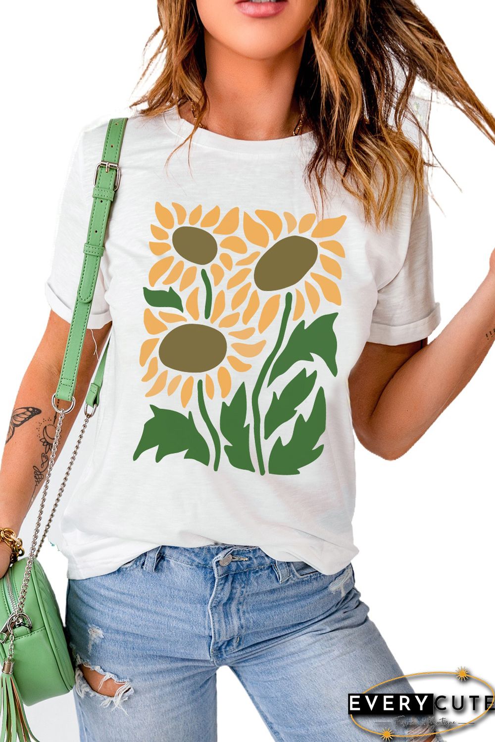 White Sunflower Graphic Print Crew Neck T Shirt