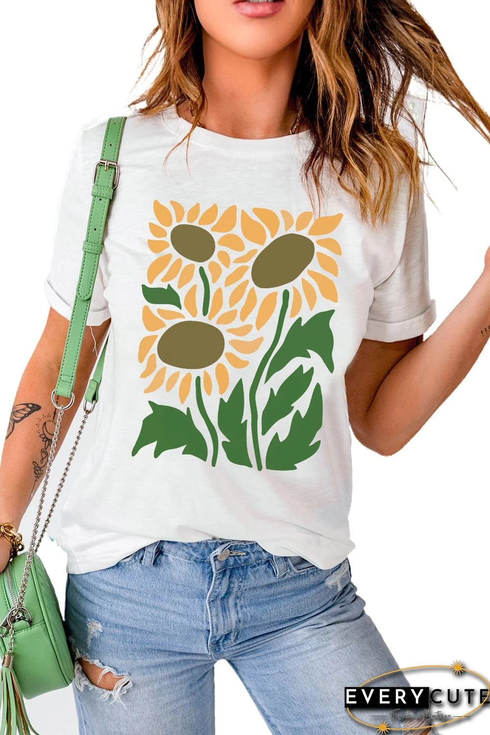White Sunflower Graphic Print Crew Neck T Shirt