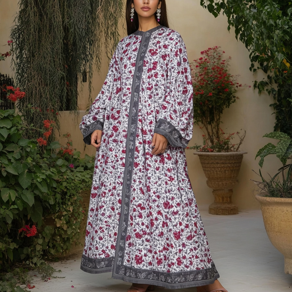 Women's Middle Eastern Floral Print Contrast Color Stitching Temperament Four Seasons Robe Dress