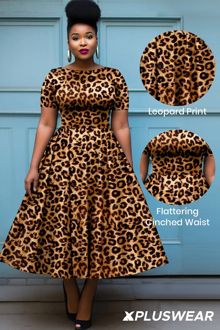 Xpluswear Design Plus Size Daily Brown Leopard Round Neck Short Sleeve Midi Dresses