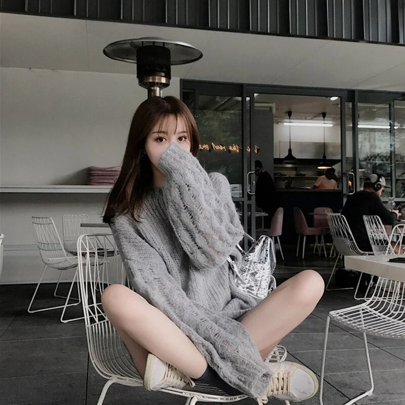 Women Two Piece Sets Autumn Winter Sweater Girls Loose Simple Knitting Tops Womens Mesh Elegant Casual Korean Style Fashion Chic