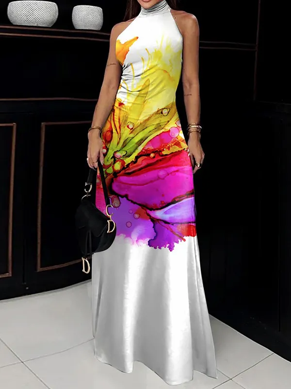A-Line High Waisted Contrast Color Flower Print Pleated Halter-Neck Maxi Dresses