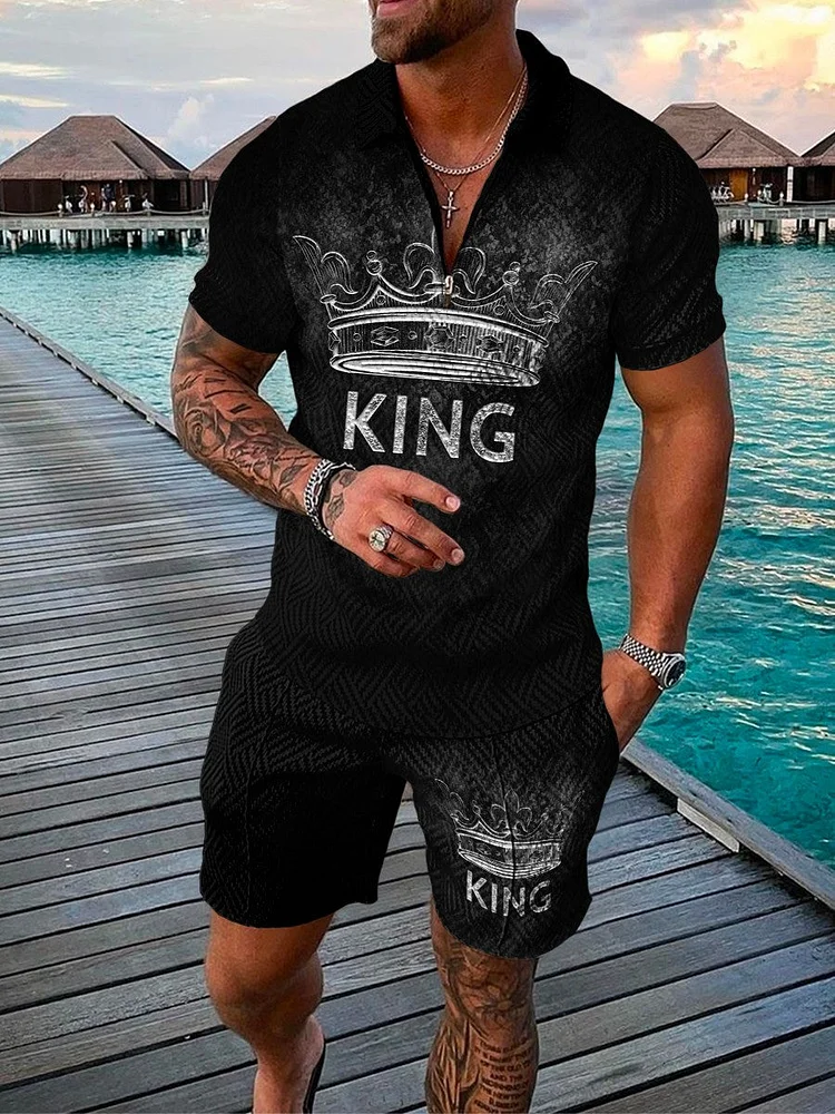 Men's King Printed  Zip Polo Shirt and Shorts Two-Piece Suits