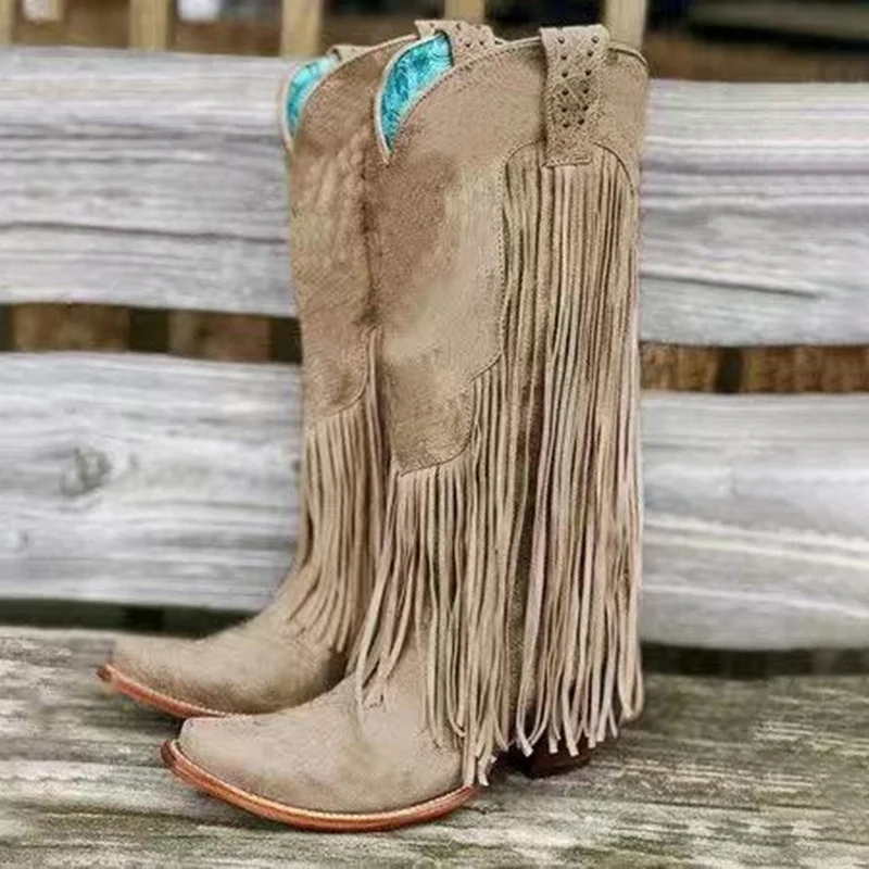 Vintage Fringed Low-Heel Mid-Boots