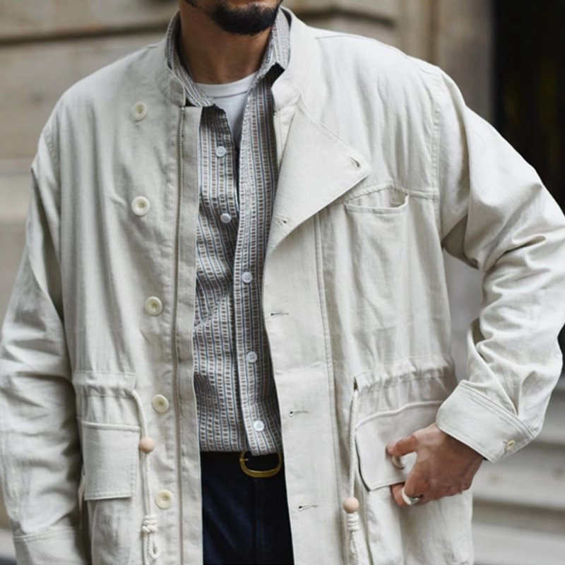 Vintage Cotton Linen Trench Coat Tooling Casual Jacket