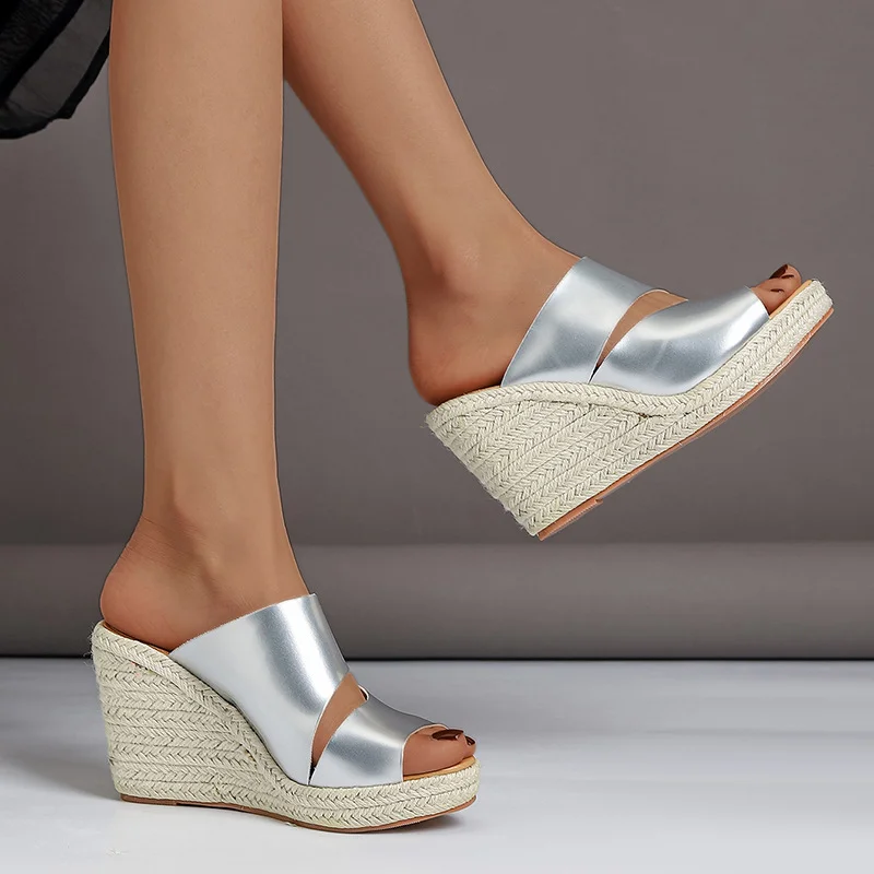 Wongn Wongn High Heel Thick Bottom Cool Slippers Female Dew Toe Grass Knitting Hemp Rope Bottom