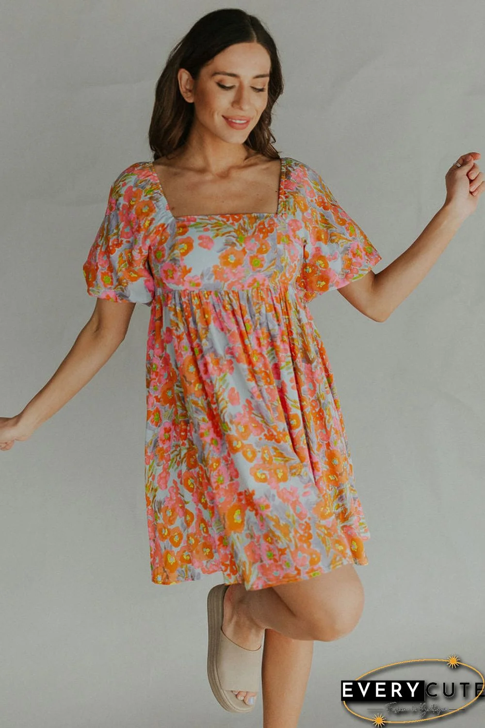 Orange High Waist Square Neck Puff Sleeve Floral Dress