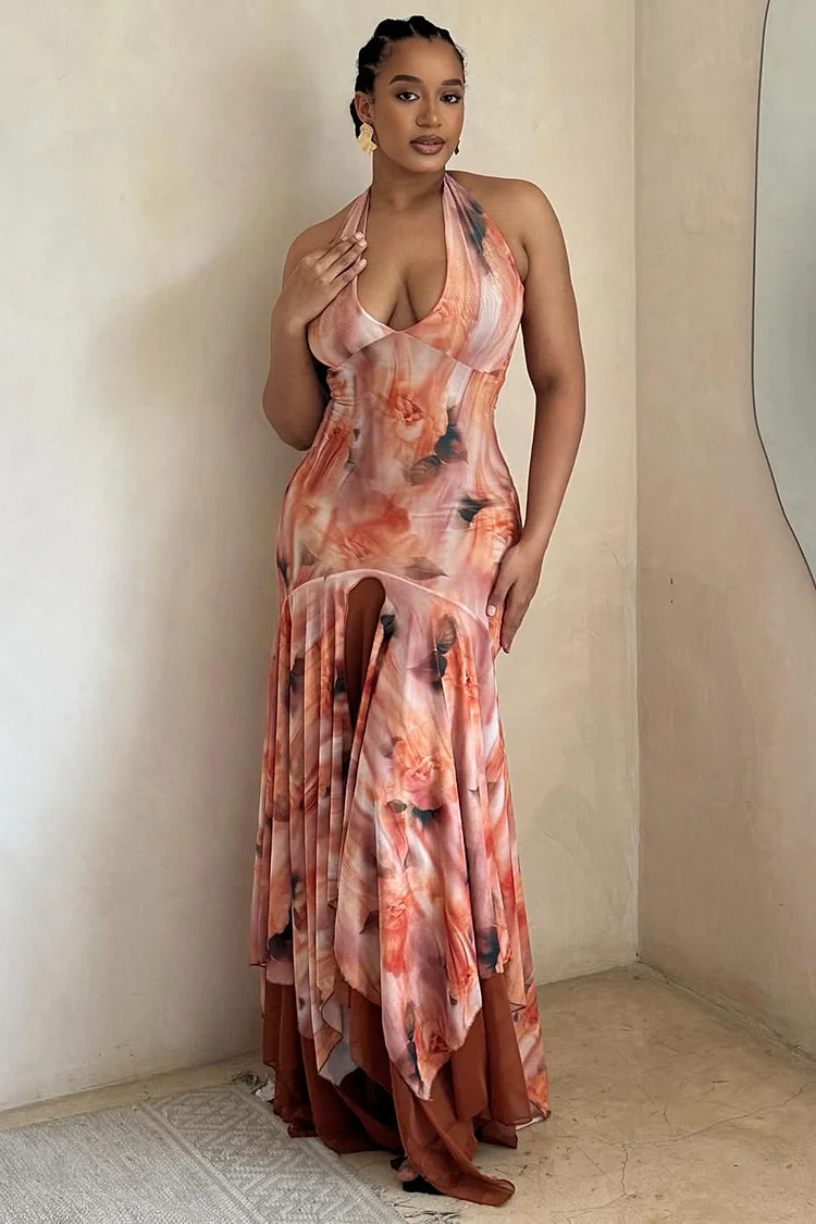 Halter Floral Print Low Waist Irregular Party Maxi Dresses-Pink [Pre Order]
