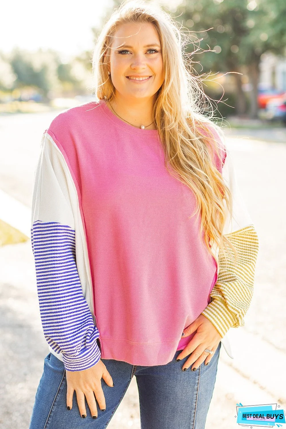 Rose Red Colorblock Patchwork Striped Puff Sleeve Plus Size Top with Slits