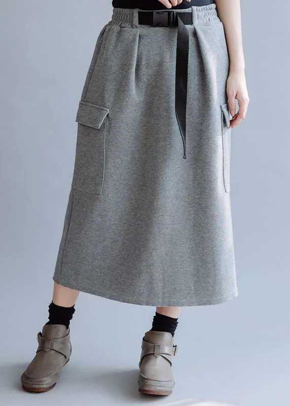 Modern Grey Elastic Waist Solid Pockets Cotton Skirt Fall