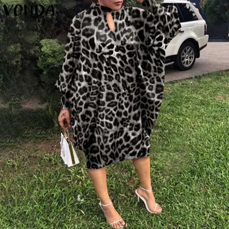 Party Dress Robe Women Long Sleeve Leopard Print Midi Dress 2022 VONDA  Autumn Casual Loose Holiday Long Shirt Vestido Oversized
