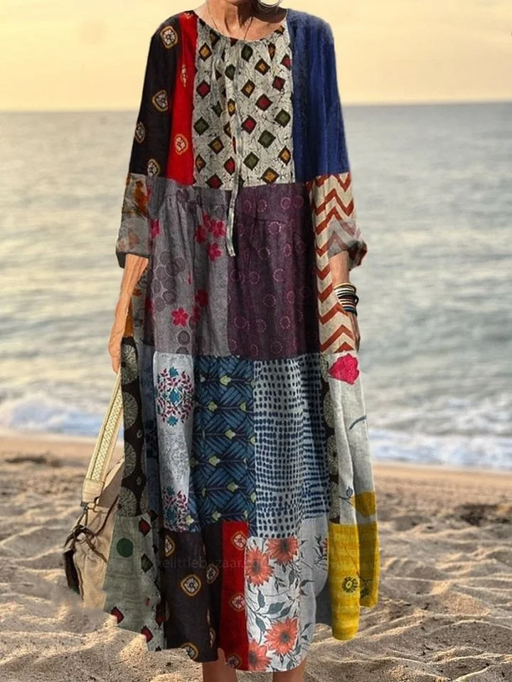Women's Vintage Patchwork Art Print Pocket Cotton Dress