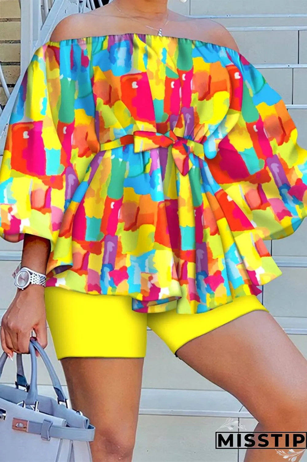 Green Yellow Casual Print Patchwork Off the Shoulder Long Sleeve Two Pieces