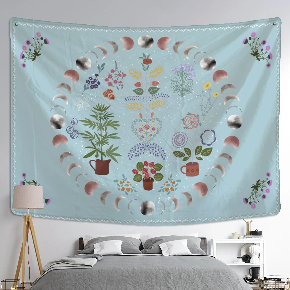 Moon Phase Tapestry Wall Hanging Plants Celestial Flowers Starry Sky Bohemian Witchcraft Hippie Home Decor