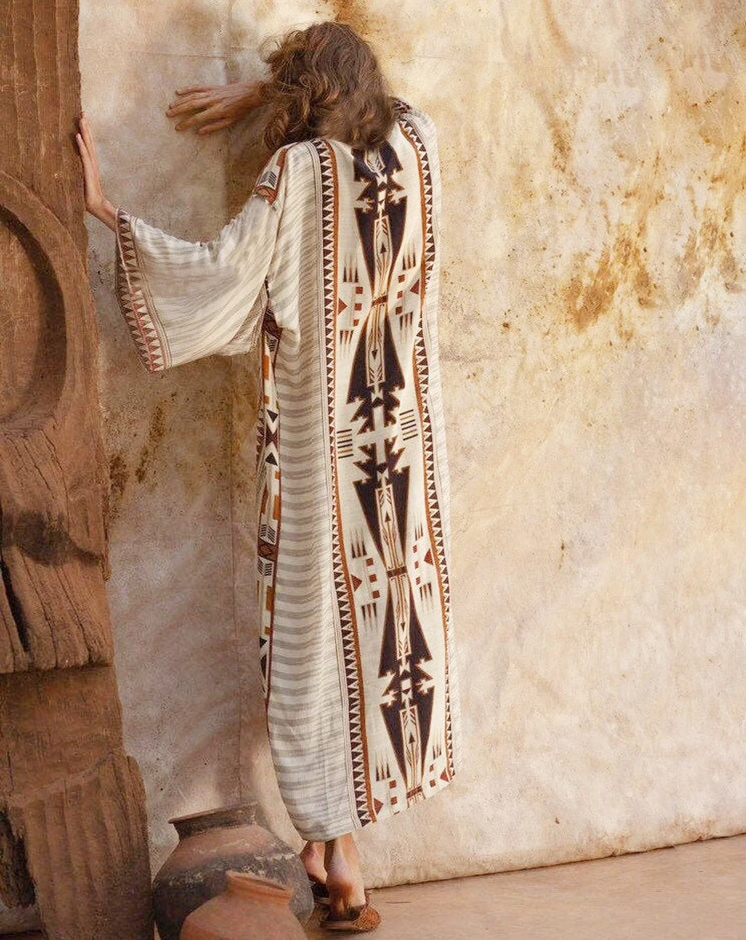 Fitshinling Vintage Geometric Beach Kimono Bohemian Oversized Cardigan With Belt Holiday Slim Ethnic Tribe Swimsuits Cover Up