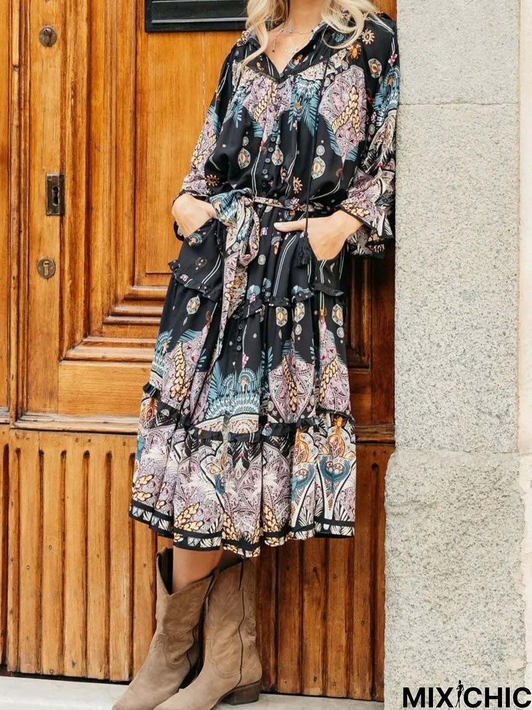 Ethnic Printed Casual Lace-Up Dress