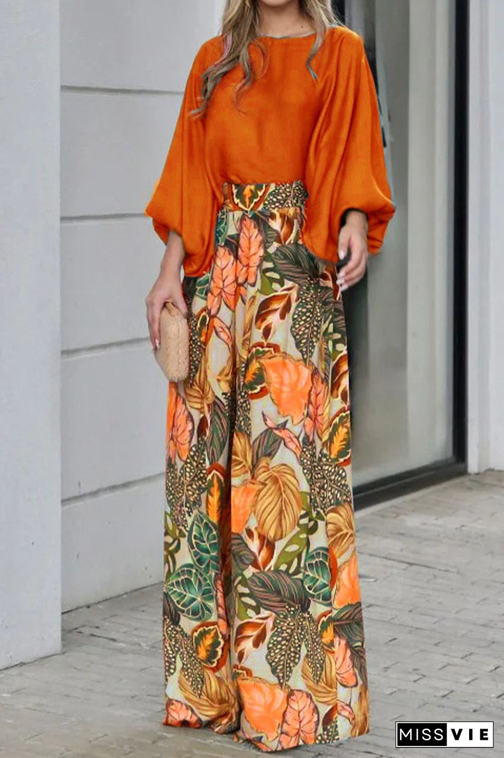 Casual Street Floral Patchwork O Neck Three Quarter Two Pieces(3 Colors)