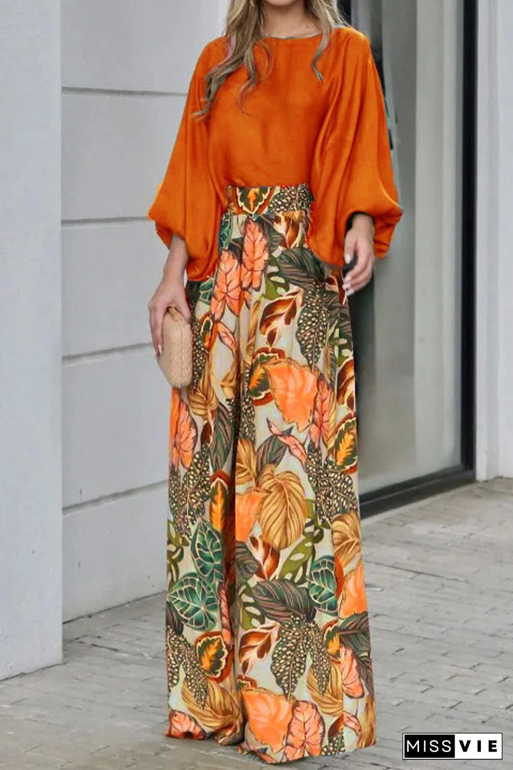 Casual Street Floral Patchwork O Neck Three Quarter Two Pieces(3 Colors)