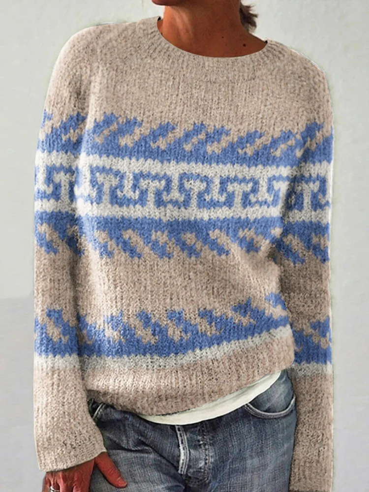 Greek Key Pattern Cozy Knit Pullover Sweater