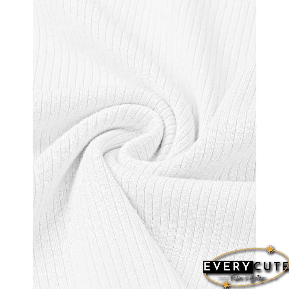 White Button-up Rib Split Long Sleeve Dress