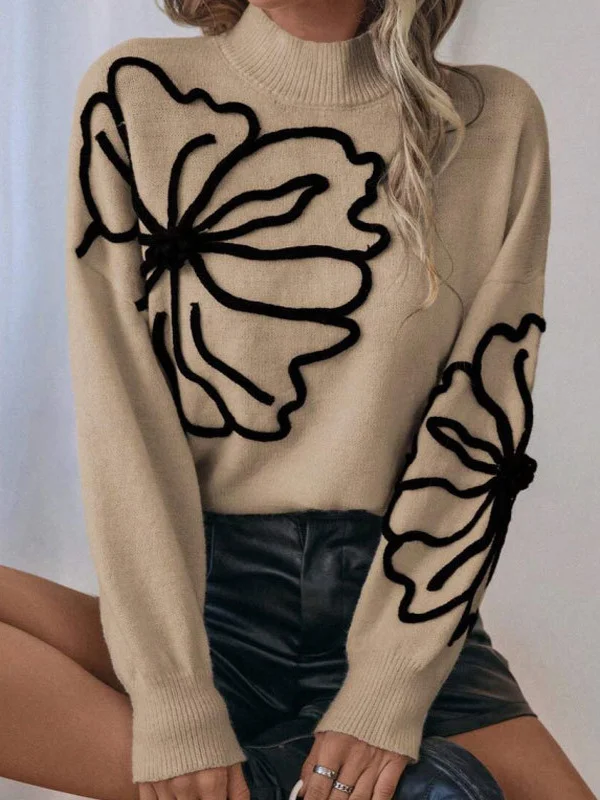 Athvotar Athvotar And Winter New Sweater Embroidered Three-Dimensional Flowers High-Neck Long-Sleeved Knitwear