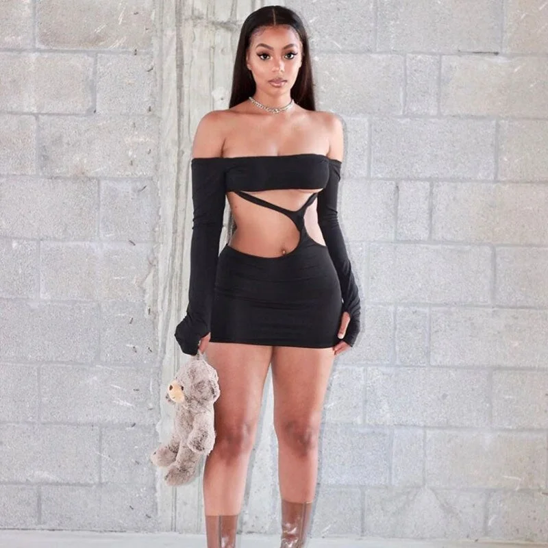 BIIKPIIK Slash Neck Hollow Out Women Mini Dress Solid Sexy Party Clubwear 2020 Long Sleeve Casual Dresses Female Outifits